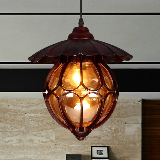 Copper Industrial Global/Ring Pendant Light with Cognac Glass Shade, Adjustable 23.5" Chain - Kitchen Hanging Lighting