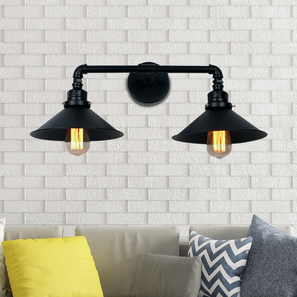 Industrial Black Cone Wall Sconce With 2 Metal Lights For Living Room