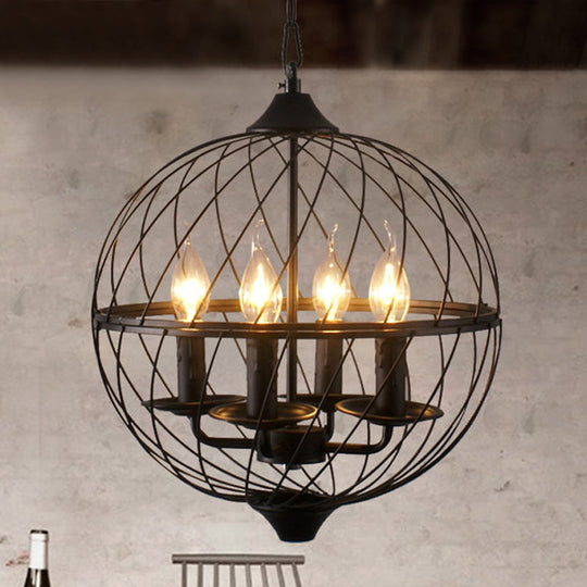 Iron Black Chandelier with Mesh Shade - 4-Bulb Industrial Ceiling Light for Dining Room