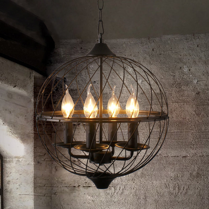 Industrial Iron Black Chandelier With Global Mesh Shade And Adjustable Chain - Perfect For Dining