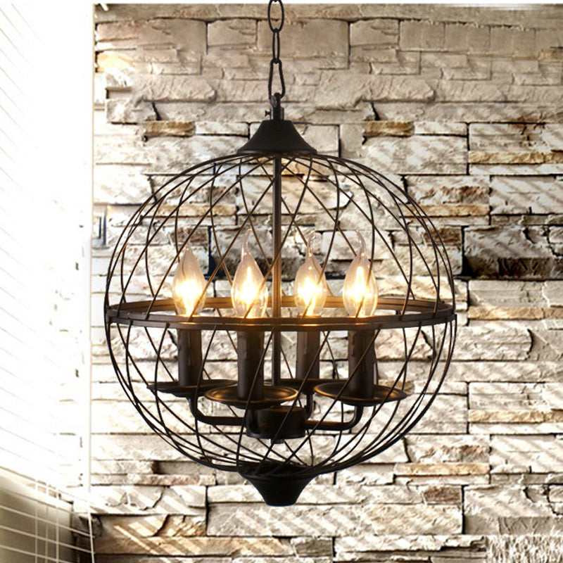 Iron Black Chandelier with Mesh Shade - 4-Bulb Industrial Ceiling Light for Dining Room