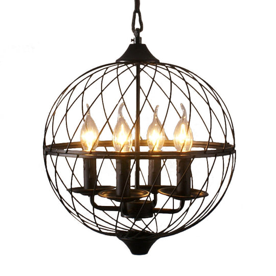 Iron Black Chandelier with Mesh Shade - 4-Bulb Industrial Ceiling Light for Dining Room