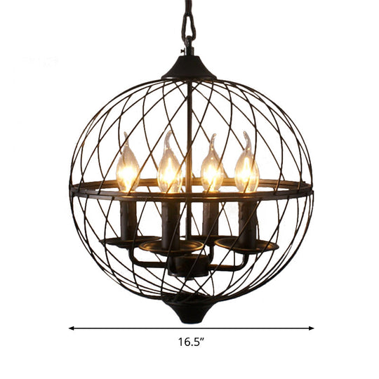 Industrial Iron Black Chandelier With Global Mesh Shade And Adjustable Chain - Perfect For Dining