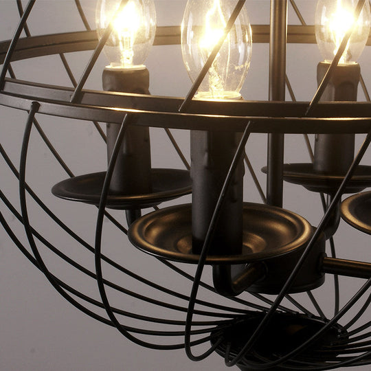 Industrial Iron Black Chandelier With Global Mesh Shade And Adjustable Chain - Perfect For Dining