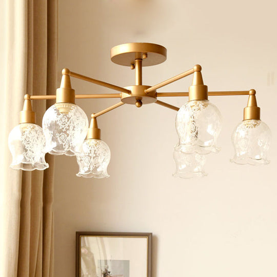 Traditional Gold Semi Flush Light with Flower Shape Clear Glass - 6 Lights, Living Room Semi-Mount Lighting