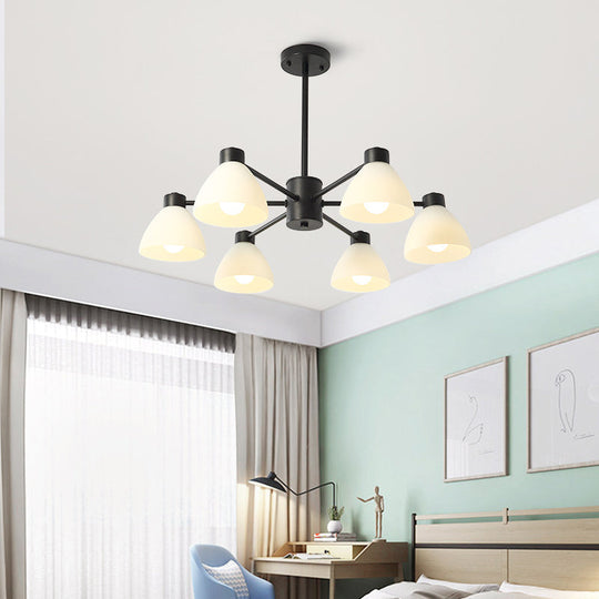 Modern Black Chandelier Lamp - 6/8/12-Head Dining Room Suspension Light with Dome White Glass Shade