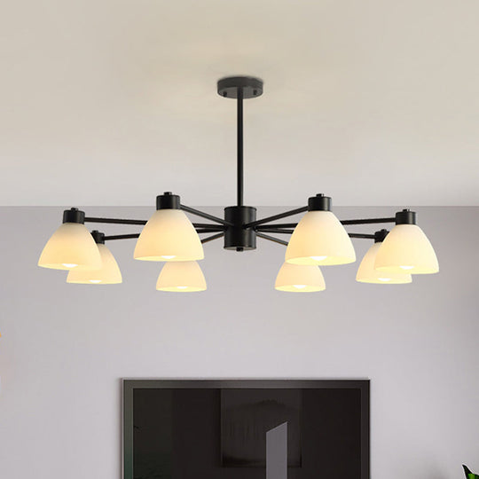 Modern Black Chandelier Lamp - 6/8/12-Head Dining Room Suspension Light with Dome White Glass Shade