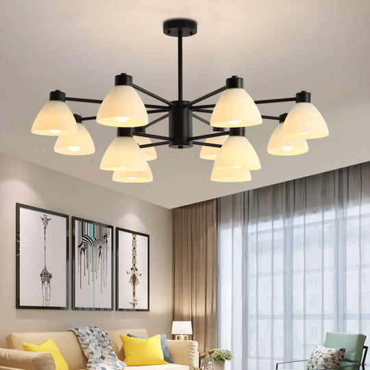 Modern Black Chandelier Lamp - 6/8/12-Head Dining Room Suspension Light with Dome White Glass Shade