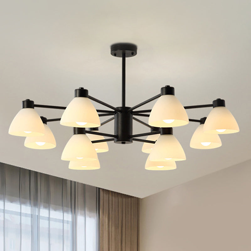 Modern Black Chandelier Lamp - 6/8/12-Head Dining Room Suspension Light with Dome White Glass Shade