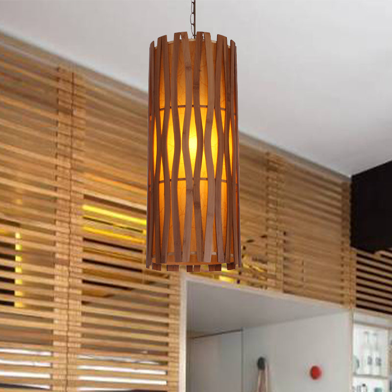 Khaki Asian Style Cylinder Wooden Pendant Light For Restaurants - Single Bulb Ceiling Suspension