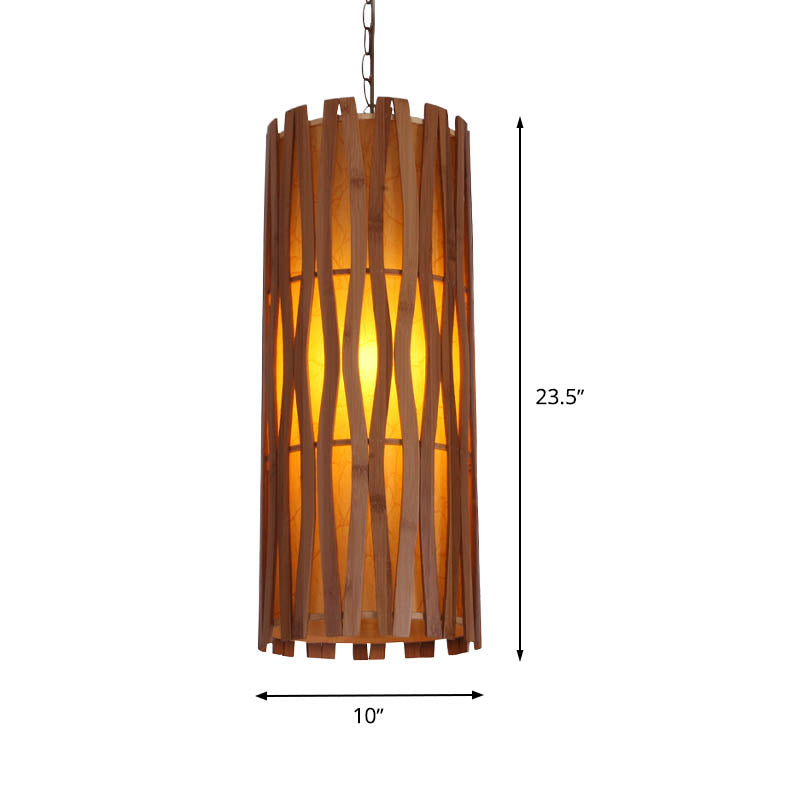 Khaki Asian Style Cylinder Wooden Pendant Light For Restaurants - Single Bulb Ceiling Suspension