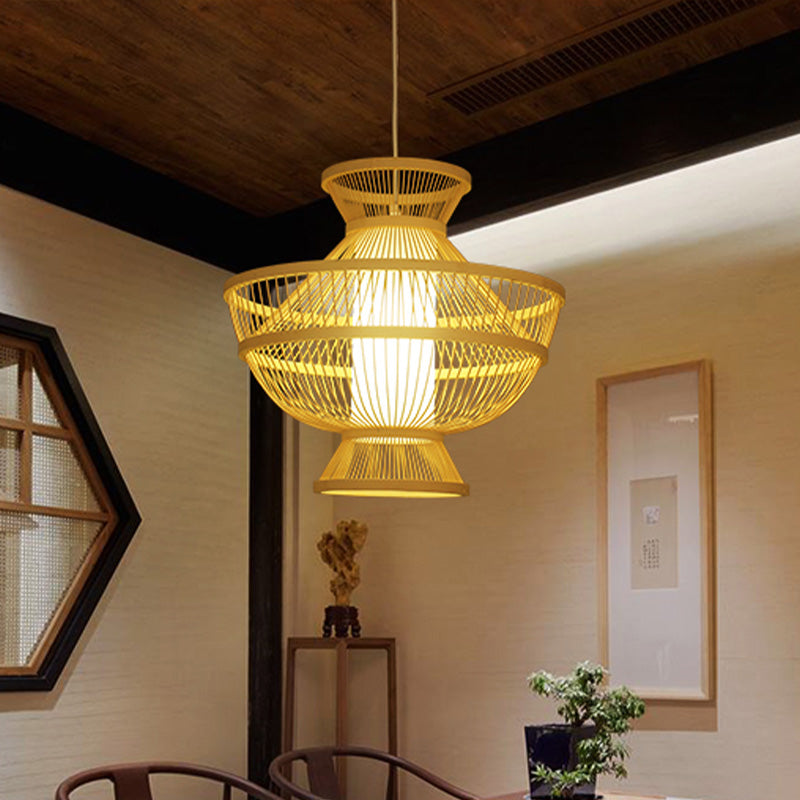 Asian Style Beige Bamboo Ceiling Lamp - Hot Pot Shaped Suspension Pendant With Single Bulb For