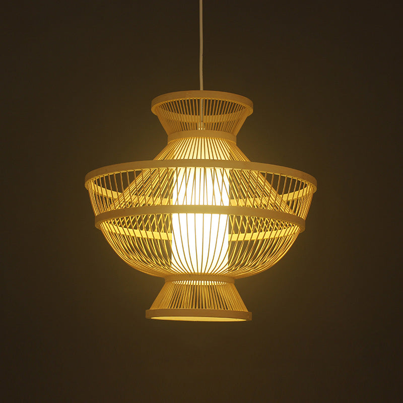 Asian Style Beige Bamboo Ceiling Lamp - Hot Pot Shaped Suspension Pendant With Single Bulb For