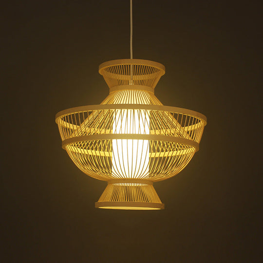 Asian Style Beige Bamboo Ceiling Lamp - Hot Pot Shaped Suspension Pendant With Single Bulb For