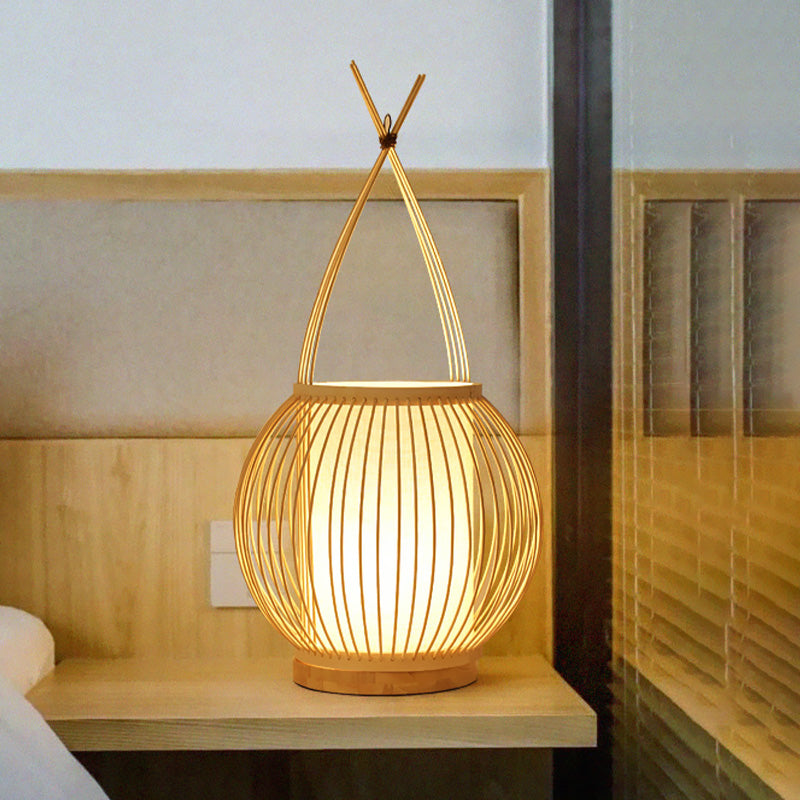 Beige Asian Style Bamboo Lantern Desk Light With Parchment Shade - Single Bulb Night Table Lamp