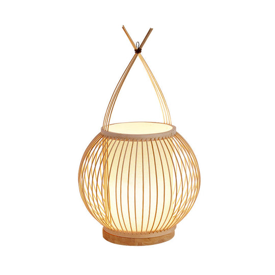 Beige Asian Style Bamboo Lantern Desk Light With Parchment Shade - Single Bulb Night Table Lamp