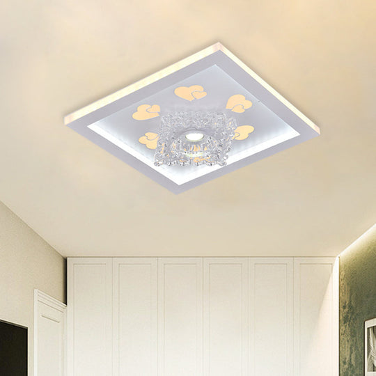 White Heart Pattern LED Flush Mount Ceiling Light with Crystal Accent - Modern Bedroom Lighting