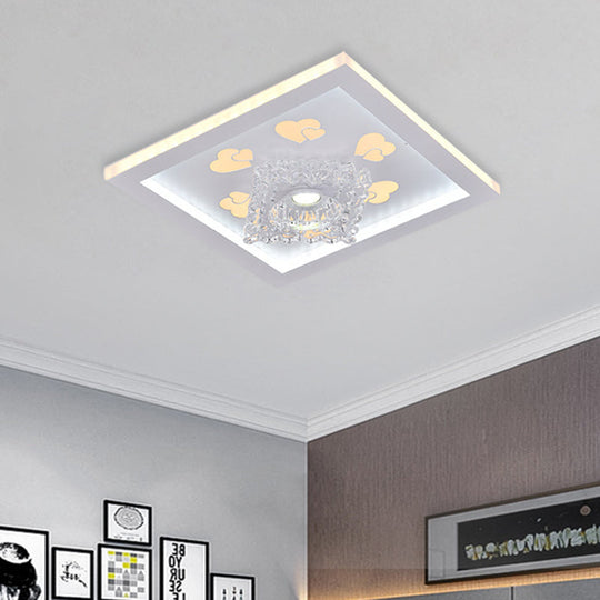 White Heart Pattern LED Flush Mount Ceiling Light with Crystal Accent - Modern Bedroom Lighting