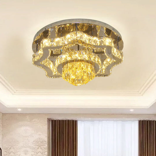 Modern LED Crystal Polished Chrome Semi Flush Ceiling Light with Tiered Scallops and Rectangle/Round Canopy