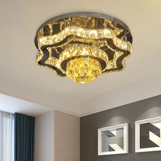 Modern LED Crystal Polished Chrome Semi Flush Ceiling Light with Tiered Scallops and Rectangle/Round Canopy