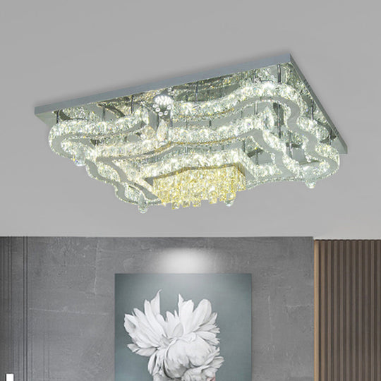 Modern LED Crystal Polished Chrome Semi Flush Ceiling Light with Tiered Scallops and Rectangle/Round Canopy