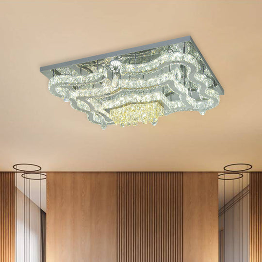 Modern LED Crystal Polished Chrome Semi Flush Ceiling Light with Tiered Scallops and Rectangle/Round Canopy