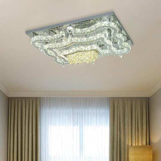 Modern LED Crystal Polished Chrome Semi Flush Ceiling Light with Tiered Scallops and Rectangle/Round Canopy