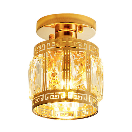 Beveled Crystal Cup Ceiling Flush Retro Semi Mount Light With Oriental Trim In Gold