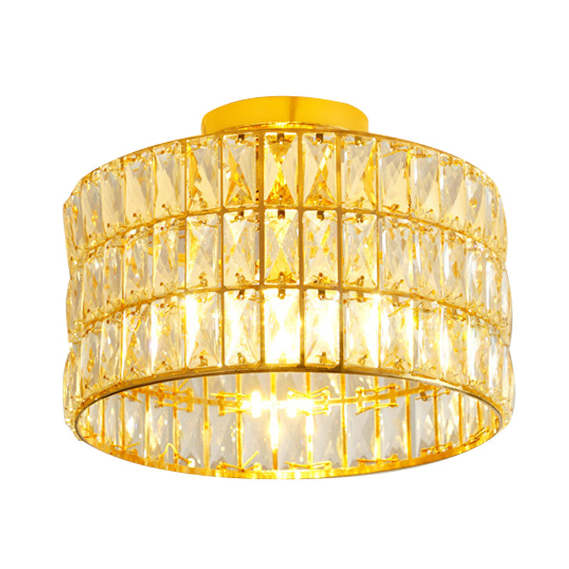 Modern Drum Ceiling Light with Beveled Crystal Inserts - Flush Mount Fixture in Gold