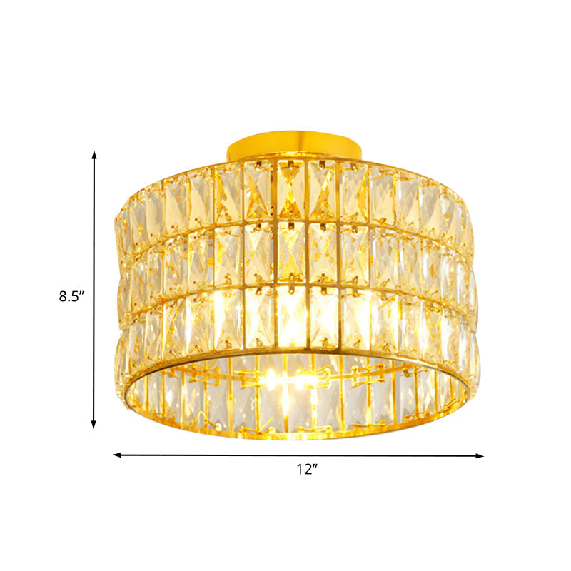 Modern Drum Ceiling Light with Beveled Crystal Inserts - Flush Mount Fixture in Gold