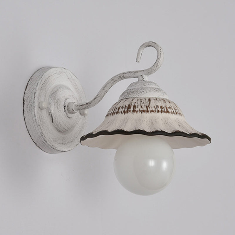 White Matte Wall Mounted Lamp - Country Style Scalloped Bowl Ceramic Light Fixture