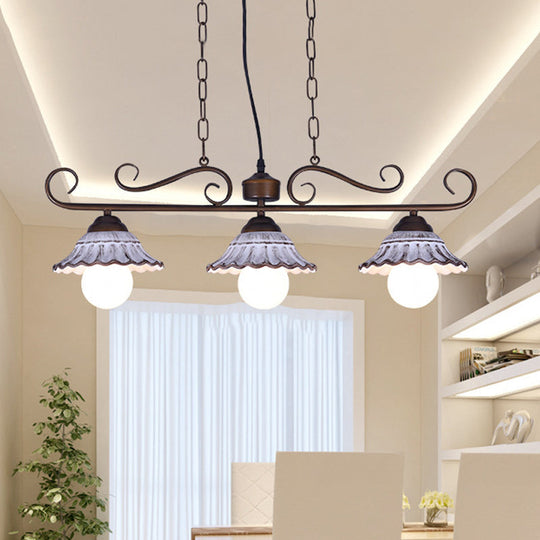 Twisting Island Pendant Lamp: 3-Light Coffee Metal Hanging Light With Scalloped Bell Ceramics Shade