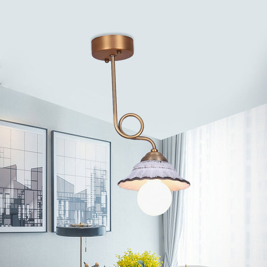 Coffee House Style White Cone Ceramic Semi Flush Light with Brass Spiral Arm - 1/2/3-Bulb Korean Country Ceiling Lamp