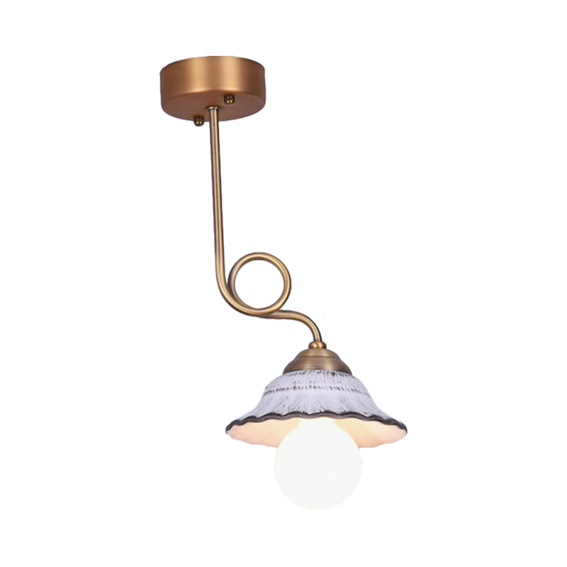 Coffee House Style White Cone Ceramic Semi Flush Light with Brass Spiral Arm - 1/2/3-Bulb Korean Country Ceiling Lamp