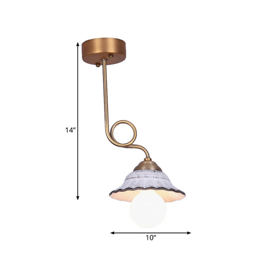 Coffee House Style White Cone Ceramic Semi Flush Light with Brass Spiral Arm - 1/2/3-Bulb Korean Country Ceiling Lamp