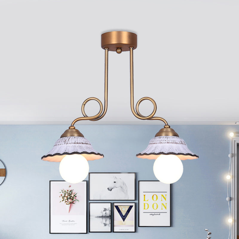 Coffee House Style White Cone Ceramic Semi Flush Light with Brass Spiral Arm - 1/2/3-Bulb Korean Country Ceiling Lamp