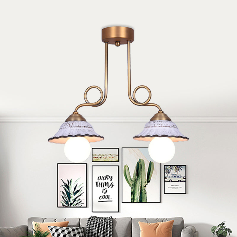 Coffee House Style White Cone Ceramic Semi Flush Light with Brass Spiral Arm - 1/2/3-Bulb Korean Country Ceiling Lamp