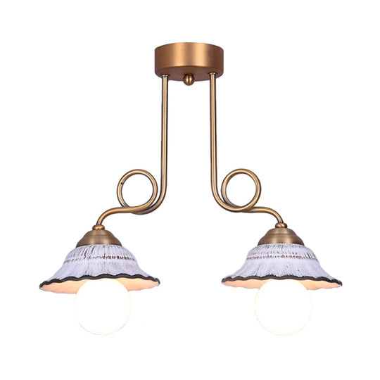 Coffee House Style White Cone Ceramic Semi Flush Light with Brass Spiral Arm - 1/2/3-Bulb Korean Country Ceiling Lamp