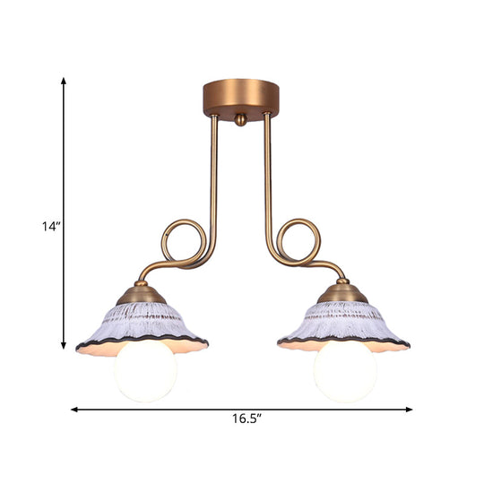 Coffee House Style White Cone Ceramic Semi Flush Light with Brass Spiral Arm - 1/2/3-Bulb Korean Country Ceiling Lamp