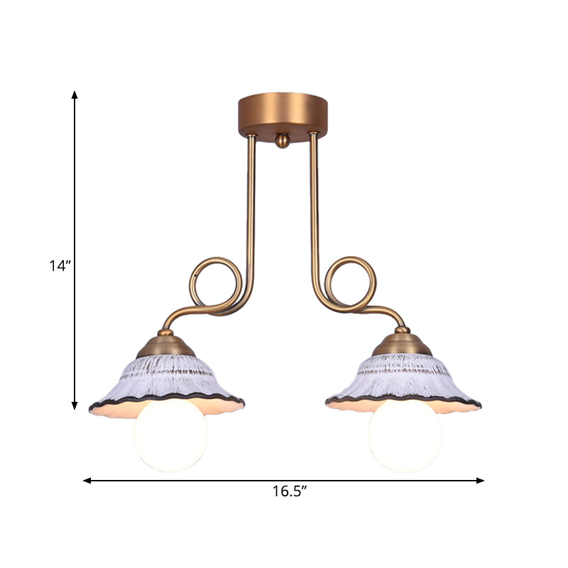 Coffee House Style White Cone Ceramic Semi Flush Light With Brass Spiral Arm - 1/2/3-Bulb Korean