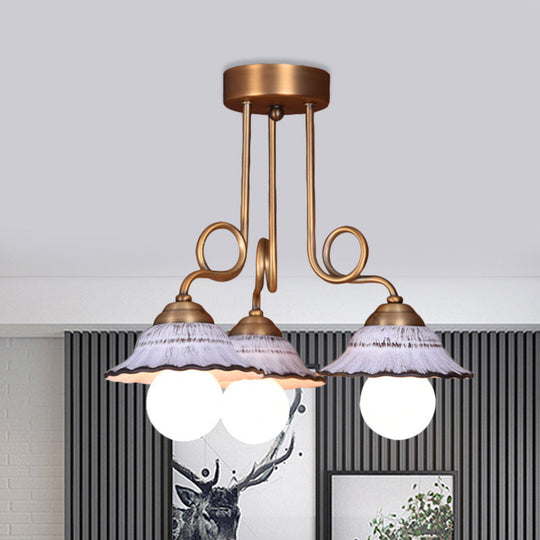 Coffee House Style White Cone Ceramic Semi Flush Light with Brass Spiral Arm - 1/2/3-Bulb Korean Country Ceiling Lamp