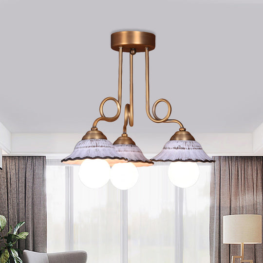 Coffee House Style White Cone Ceramic Semi Flush Light with Brass Spiral Arm - 1/2/3-Bulb Korean Country Ceiling Lamp