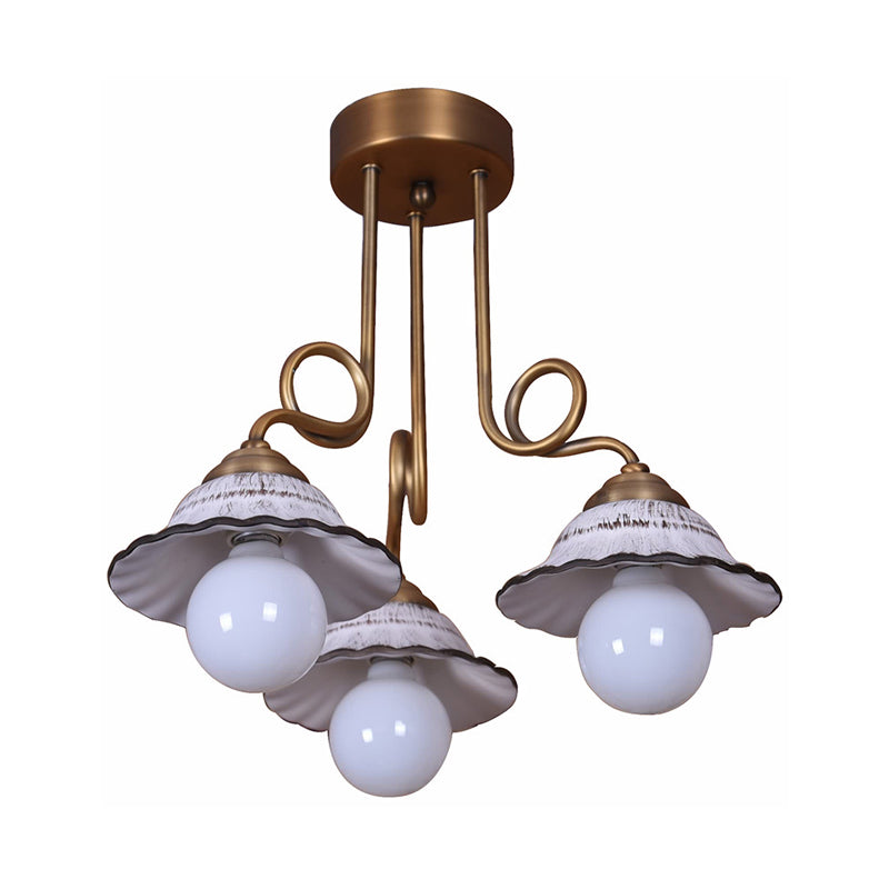 Coffee House Style White Cone Ceramic Semi Flush Light with Brass Spiral Arm - 1/2/3-Bulb Korean Country Ceiling Lamp