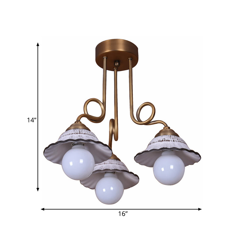 Coffee House Style White Cone Ceramic Semi Flush Light with Brass Spiral Arm - 1/2/3-Bulb Korean Country Ceiling Lamp