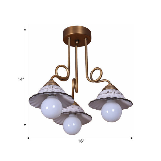 Coffee House Style White Cone Ceramic Semi Flush Light with Brass Spiral Arm - 1/2/3-Bulb Korean Country Ceiling Lamp