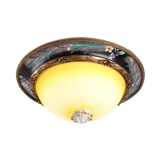 Antiqued Yellow Glass LED Flush Mount Fixture - Brass Domed Flush Lighting, 12"/16" Wide - Bedroom Lighting