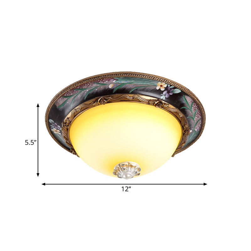 Antiqued Yellow Glass LED Flush Mount Fixture - Brass Domed Flush Lighting, 12"/16" Wide - Bedroom Lighting