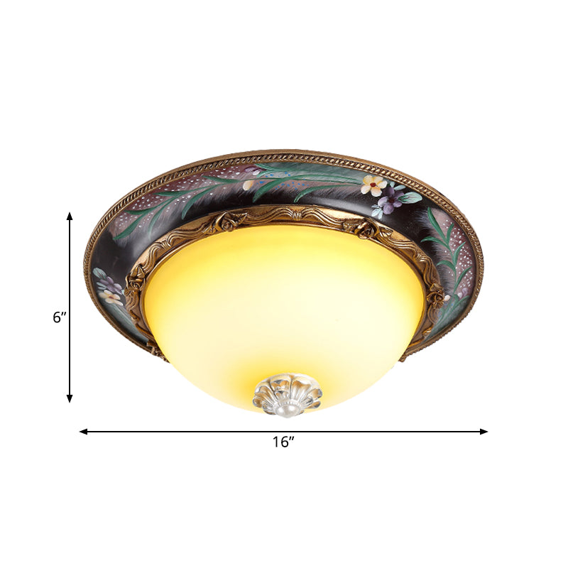 Antiqued Yellow Glass LED Flush Mount Fixture - Brass Domed Flush Lighting, 12"/16" Wide - Bedroom Lighting