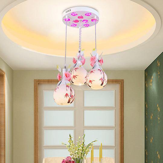 Modern White Glass Multi-Pendant Light With Floral Deco - Vase Shape 3 Bulbs Perfect For Dining Room