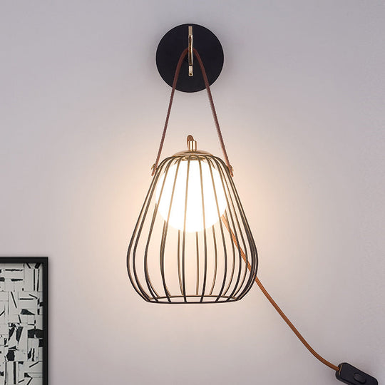 Minimalist Black Led Wall Sconce With Leather Handle - Pear Cage Iron Design